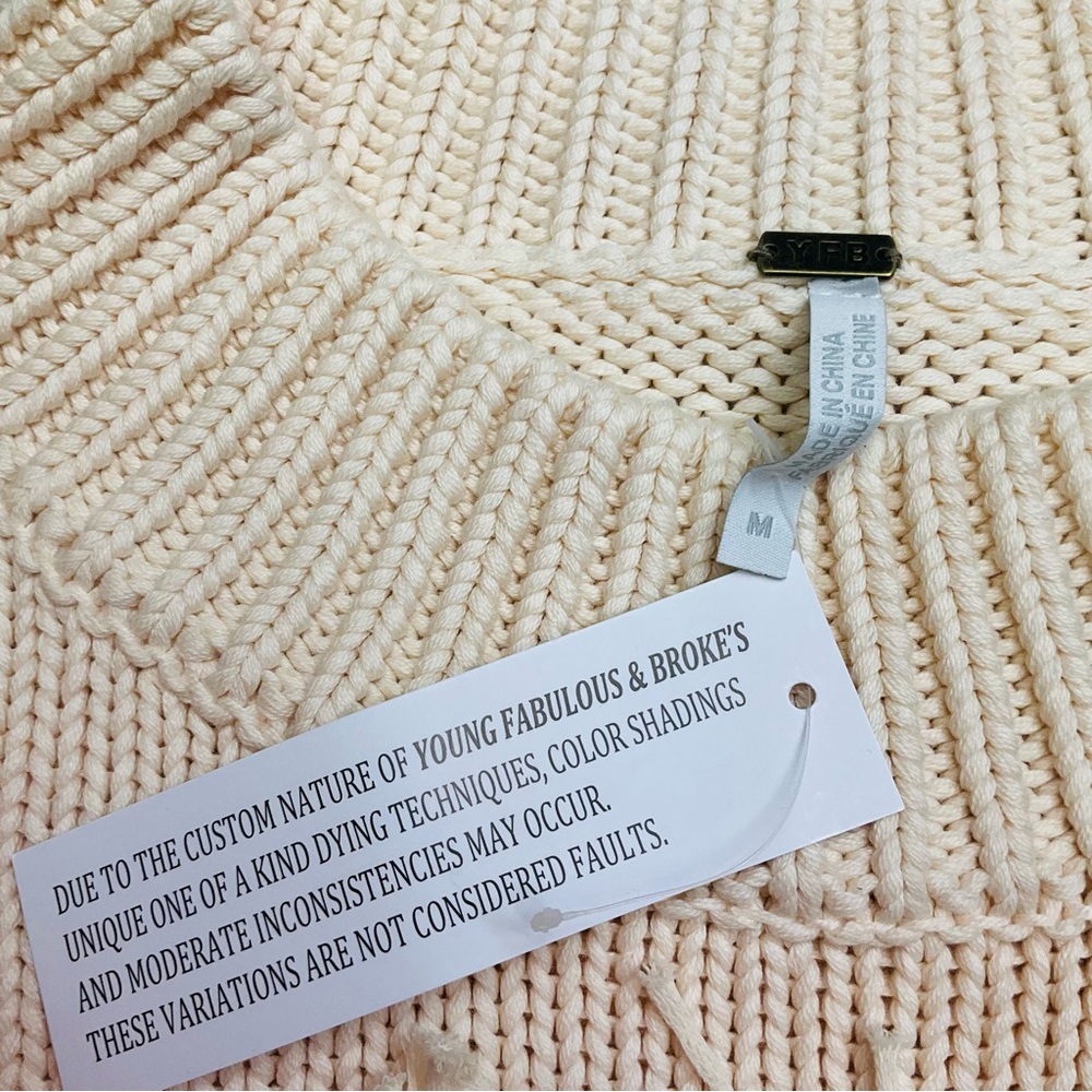 NWT YFB Thick Chunky Knit Ivory Sweater with Side Tassels & Slit 100% Cotton - Picture 12 of 16